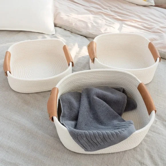 Latitude Run® Nesting Rope Decorative Basket (Set of 3) White with Tan Leather - Picture 4 of 4